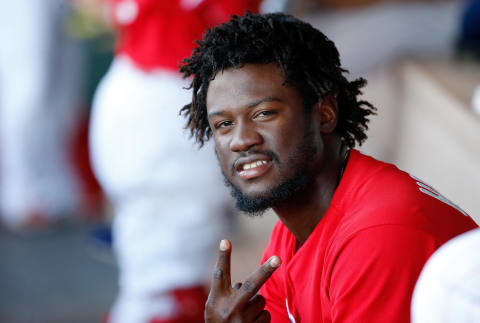 Mar 28, 2017; Clearwater, FL, USA;Philadelphia Phillies center fielder Odubel Herrera (37) in the dugout at Spectrum Field. Mandatory Credit: Kim Klement-USA TODAY Sports