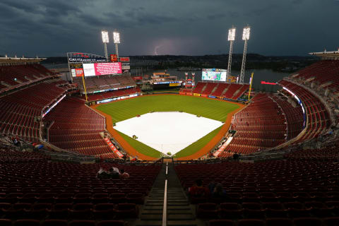 Apr 5, 2017; Cincinnati, OH, USA; Lightning strikes in the distance during a weather delay prior to the game of the Philadelphia Phillies against the Cincinnati Reds at Great American Ball Park. Mandatory Credit: Aaron Doster-USA TODAY Sports