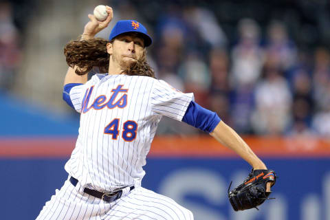 Apr 5, 2017; New York City, NY, USA; New York Mets starting pitcher Jacob deGrom (48) pitches against the Atlanta Braves during the first inning at Citi Field. Mandatory Credit: Brad Penner-USA TODAY Sports