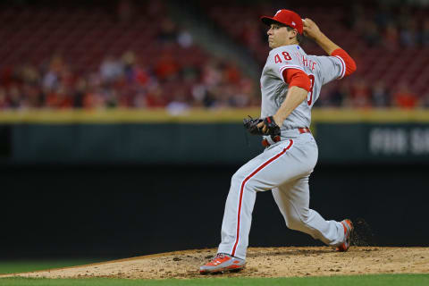 Apr 5, 2017; Cincinnati, OH, USA; Philadelphia Phillies starting pitcher Jerad Eickhoff (48) throws against the Cincinnati Reds in the second inning at Great American Ball Park. Mandatory Credit: Aaron Doster-USA TODAY Sports