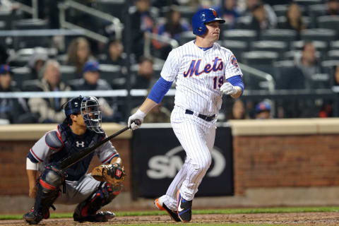 Apr 5, 2017; New York City, NY, USA; New York Mets right fielder Jay Bruce (19) follows through on a double against the Atlanta Braves during the tenth inning at Citi Field. Mandatory Credit: Brad Penner-USA TODAY Sports