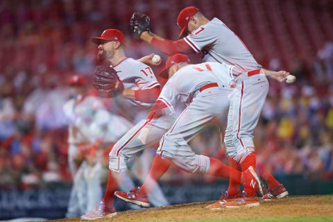 Apr 5, 2017; Cincinnati, OH, USA; Philadelphia Phillies relief pitcher Pat Neshek (17) throws against the Cincinnati Reds in the eighth inning at Great American Ball Park. The Reds won 2-0. Mandatory Credit: Aaron Doster-USA TODAY Sports