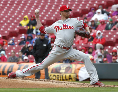 Apr 6, 2017; Cincinnati, OH, USA; Philadelphia Phillies starting pitcher Clay Buchholz throws against the Cincinnati Reds during the first inning at Great American Ball Park. Mandatory Credit: David Kohl-USA TODAY Sports