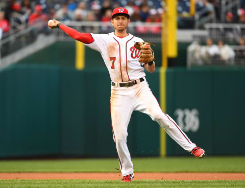 Apr 6, 2017; Washington, DC, USA; Washington Nationals shortstop Trea Turner (7) throws to first against the Miami Marlins during the fourth inning at Nationals Park. Mandatory Credit: Brad Mills-USA TODAY Sports