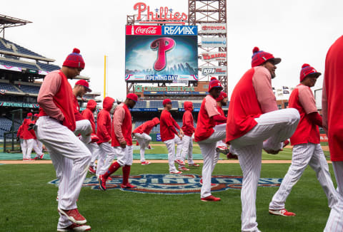 Apr 7, 2017; Philadelphia, PA, USA; The Philadelphia Phillies stretch before their home opener against the Washington Nationals at Citizens Bank Park. Mandatory Credit: Bill Streicher-USA TODAY Sports