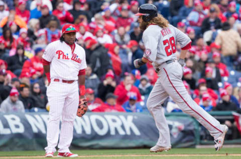 Apr 7, 2017; Philadelphia, PA, USA; Washington Nationals left fielder Jayson Werth (28) runs past Philadelphia Phillies third baseman Maikel Franco (7) after hitting a three run home run during the fifth inning at Citizens Bank Park. Mandatory Credit: Bill Streicher-USA TODAY Sports