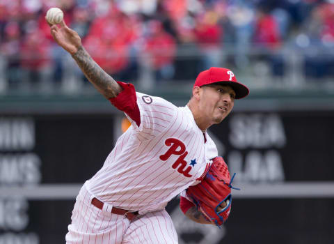 Apr 7, 2017; Philadelphia, PA, USA; Philadelphia Phillies starting pitcher Vince Velasquez (28) pitches during the third inning against the Washington Nationals at Citizens Bank Park. Mandatory Credit: Bill Streicher-USA TODAY Sports