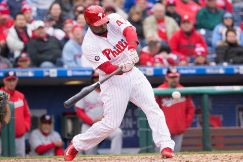 Apr 7, 2017; Philadelphia, PA, USA; Philadelphia Phillies left fielder Howie Kendrick (47) hits a double during the fourth inning against the Washington Nationals at Citizens Bank Park. Mandatory Credit: Bill Streicher-USA TODAY Sports