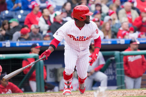 Apr 7, 2017; Philadelphia, PA, USA; Philadelphia Phillies center fielder Odubel Herrera (37) hits a single during the fourth inning against the Washington Nationals at Citizens Bank Park. Mandatory Credit: Bill Streicher-USA TODAY Sports