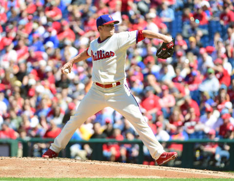 Apr 9, 2017; Philadelphia, PA, USA; Philadelphia Phillies starting pitcher Jeremy Hellickson (58) throws a pitch during the first inning against the Washington Nationals at Citizens Bank Park. Mandatory Credit: Eric Hartline-USA TODAY Sports