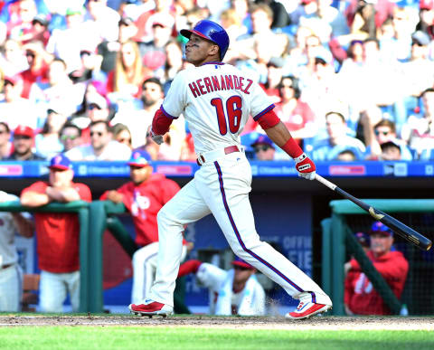 Apr 9, 2017; Philadelphia, PA, USA; Philadelphia Phillies second baseman Cesar Hernandez (16) watches his walk-off RBI single in the bottom of the ninth inning against the Washington Nationals at Citizens Bank Park. The Phillies won 4-3. Mandatory Credit: Eric Hartline-USA TODAY Sports