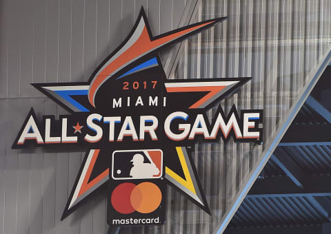 Apr 11, 2017; Miami, FL, USA; A general view of the MLB All-Star game logo inside Marlins Park prior to the game between the Miami Marlins and the Atlanta Braves. Mandatory Credit: Jasen Vinlove-USA TODAY Sports