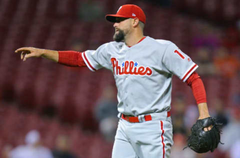 Apr 5, 2017; Cincinnati, OH, USA; Philadelphia Phillies relief pitcher Pat Neshek (17) against the Cincinnati Reds at Great American Ball Park. The Reds won 2-0. Mandatory Credit: Aaron Doster-USA TODAY Sports