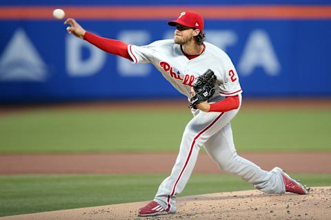 Apr 20, 2017; New York City, NY, USA; Philadelphia Phillies starting pitcher Aaron Nola (27) pitches against the New York Mets during the first inning at Citi Field. Mandatory Credit: Brad Penner-USA TODAY Sports