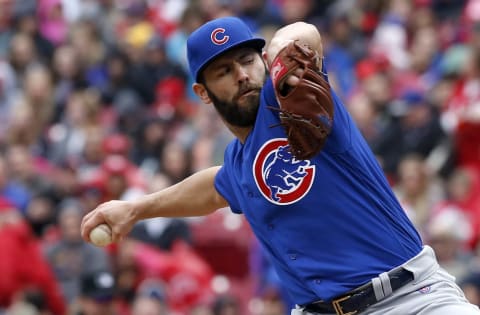 Apr 22, 2017; Cincinnati, OH, USA; Chicago Cubs starting pitcher Jake Arrieta throws against the Cincinnati Reds during the first inning at Great American Ball Park. Mandatory Credit: David Kohl-USA TODAY Sports