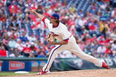 Apr 23, 2017; Philadelphia, PA, USA; Philadelphia Phillies starting pitcher Zach Eflin (56) throws a pitch against the Atlanta Braves at Citizens Bank Park. The Philadelphia Phillies won 5-2. Mandatory Credit: Bill Streicher-USA TODAY Sports