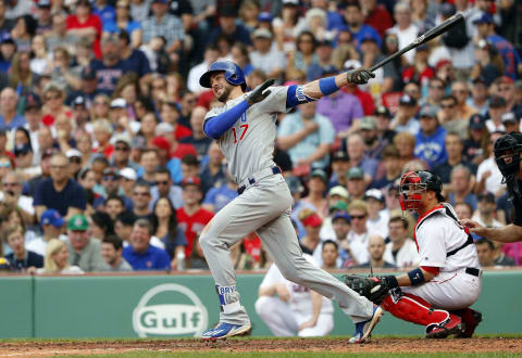 Apr 29, 2017; Boston, MA, USA; Chicago Cubs third baseman Kris Bryant (17) hits a double against the Boston Red Sox during the sixth inning at Fenway Park. Mandatory Credit: Winslow Townson-USA TODAY Sports