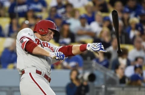 Apr 29, 2017; Los Angeles, CA, USA; Philadelphia Phillies right fielder Michael Saunders (5) loses his bat against the Los Angeles Dodgers during the fifth inning at Dodger Stadium. Mandatory Credit: Kelvin Kuo-USA TODAY Sports