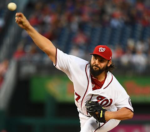 May 2, 2017; Washington, DC, USA; Washington Nationals starting pitcher Tanner Roark (57) throws a pitch to the Arizona Diamondbacks during the second inning at Nationals Park. Mandatory Credit: Brad Mills-USA TODAY Sports