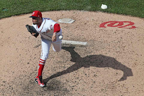 Apr 30, 2017; Washington, DC, USA; Washington Nationals relief pitcher Oliver Perez (46) pitches against the New York Mets at Nationals Park. Mandatory Credit: Geoff Burke-USA TODAY Sports