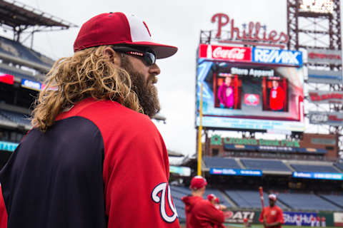 May 5, 2017; Philadelphia, PA, USA; Washington Nationals left fielder Jayson Werth (28) during batting practice before action against the Philadelphia Phillies at Citizens Bank Park. Mandatory Credit: Bill Streicher-USA TODAY Sports