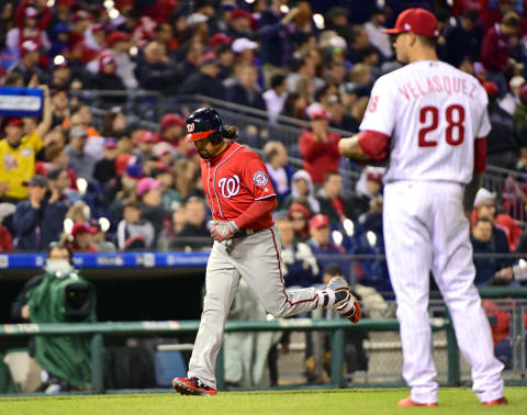 May 6, 2017; Philadelphia, PA, USA; Washington Nationals third baseman Anthony Rendon (6) runs towards home after hitting a three run home run against Philadelphia Phillies starting pitcher Vince Velasquez (28) during the sixth inning at Citizens Bank Park. Mandatory Credit: Eric Hartline-USA TODAY Sports