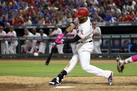 May 13, 2017; Arlington, TX, USA; Texas Rangers right fielder Nomar Mazara (30) hits a two-run double during the seventh inning against the Oakland Athletics at Globe Life Park in Arlington. Mandatory Credit: Kevin Jairaj-USA TODAY Sports