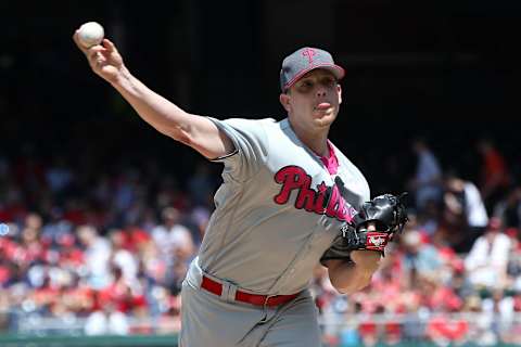 May 14, 2017; Washington, DC, USA; Philadelphia Phillies starting pitcher Jeremy Hellickson (58) pitches against the Washington Nationals in the first inning at Nationals Park. Mandatory Credit: Geoff Burke-USA TODAY Sports