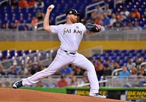 May 15, 2017; Miami, FL, USA; Miami Marlins starting pitcher Dan Straily (58) delivers a pitch in the first inning against the Houston Astros at Marlins Park. Mandatory Credit: Jasen Vinlove-USA TODAY Sports