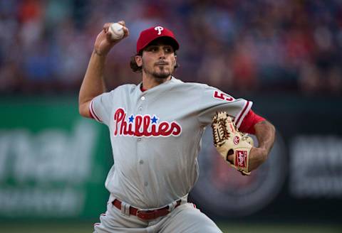 May 17, 2017; Arlington, TX, USA; Philadelphia Phillies starting pitcher Zach Eflin (56) pitches against the Texas Rangers during the second inning at Globe Life Park in Arlington. Mandatory Credit: Jerome Miron-USA TODAY Sports