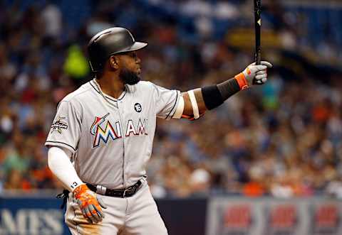 May 3, 2017; St. Petersburg, FL, USA; Miami Marlins left fielder Marcell Ozuna (13) at bat against the Tampa Bay Raysat Tropicana Field. Mandatory Credit: Kim Klement-USA TODAY Sports