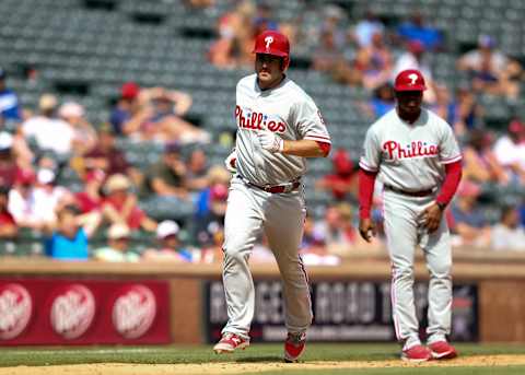 May 18, 2017; Arlington, TX, USA; Philadelphia Phillies first baseman Tommy Joseph (19) runs the bases after hitting a two run home run during the ninth inning against the Texas Rangers at Globe Life Park in Arlington. Mandatory Credit: Kevin Jairaj-USA TODAY Sports