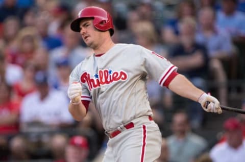 May 17, 2017; Arlington, TX, USA; Philadelphia Phillies first baseman Tommy Joseph (19) in action during the game against the Texas Rangers at Globe Life Park in Arlington. Mandatory Credit: Jerome Miron-USA TODAY Sports