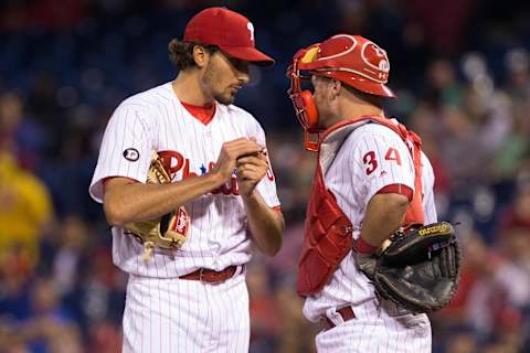 May 23, 2017; Philadelphia, PA, USA; Philadelphia Phillies catcher Andrew Knapp (34) talks with starting pitcher Zach Eflin (56) during the fourth inning against the Colorado Rockies at Citizens Bank Park. Mandatory Credit: Bill Streicher-USA TODAY Sports