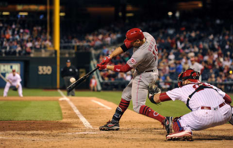 May 26, 2017; Philadelphia, PA, USA; Cincinnati Reds first baseman Joey Votto (19) lines out to second base during the eighth inning of the game against thePhiladelphia Phillies at Citizens Bank Park. The Reds won the game 5-2. Mandatory Credit: John Geliebter-USA TODAY Sports