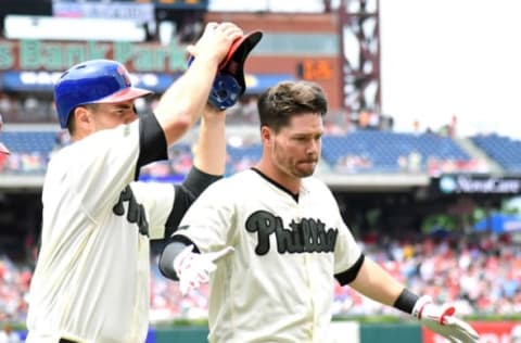 May 28, 2017; Philadelphia, PA, USA; Philadelphia Phillies catcher Andrew Knapp (34) celebrates his three run home run with first baseman Tommy Joseph (19) during the second inning against the Cincinnati Reds at Citizens Bank Park. Mandatory Credit: Eric Hartline-USA TODAY Sports