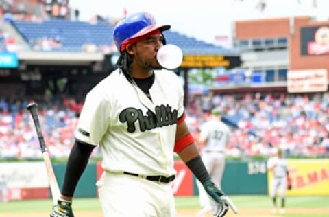 May 28, 2017; Philadelphia, PA, USA; Philadelphia Phillies third baseman Maikel Franco (7) walks to back to the dugout after striking out during the second inning against the Cincinnati Reds at Citizens Bank Park. Mandatory Credit: Eric Hartline-USA TODAY Sports