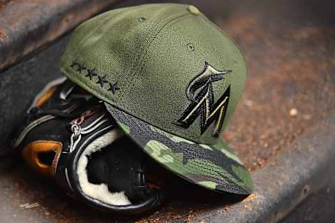 May 29, 2017; Miami, FL, USA; A general view of the special Memorial Day hat worn by Miami Marlins players in the game against the Philadelphia Phillies at Marlins Park. Mandatory Credit: Jasen Vinlove-USA TODAY Sports