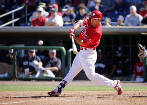 Feb 25, 2017; Clearwater, FL, USA; Philadelphia Phillies left fielder Andrew Pullin (85) singles during the sixth inning against the New York Yankees at Spectrum Field. Mandatory Credit: Kim Klement-USA TODAY Sports