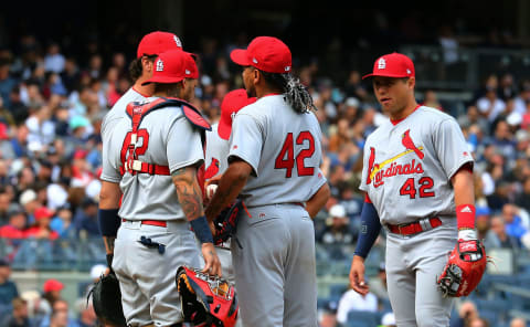 Apr 15, 2017; Bronx, NY, USA; St Louis Cardinals starting pitcher Carlos Martinez (center) is removed from the game against the New York Yankees during the sixth inning at Yankee Stadium. The Yankees won 3-2. Mandatory Credit: Andy Marlin-USA TODAY Sports