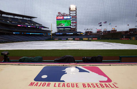 Apr 25, 2017; Philadelphia, PA, USA; General view of Citizens Bank Park with the rain tarp on before a game between the Philadelphia Phillies and the Miami Marlins. Mandatory Credit: Bill Streicher-USA TODAY Sports