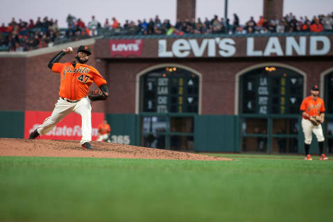 May 12, 2017; San Francisco, CA, USA; San Francisco Giants starting pitcher Johnny Cueto (47) throws a pitch during the second inning against the Cincinnati Reds at AT&T Park. Mandatory Credit: Ed Szczepanski-USA TODAY Sports