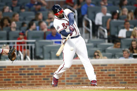 May 19, 2017; Atlanta, GA, USA; Atlanta Braves left fielder Matt Kemp (27) hits a home run against the Washington Nationals in the third inning at SunTrust Park. Mandatory Credit: Brett Davis-USA TODAY Sports