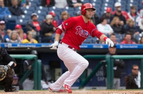 May 25, 2017; Philadelphia, PA, USA; Philadelphia Phillies right fielder Michael Saunders (5) in action against the Colorado Rockies at Citizens Bank Park. Mandatory Credit: Bill Streicher-USA TODAY Sports