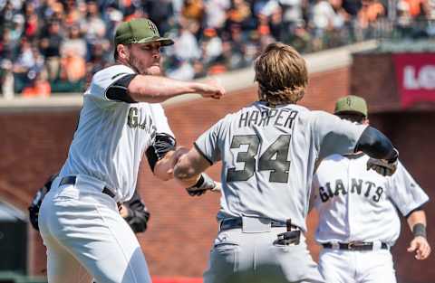 May 29, 2017; San Francisco, CA, USA; San Francisco Giants relief pitcher Hunter Strickland (60) and Washington Nationals right fielder Bryce Harper (34) in a fight after Harper was hit by the pitch of Strickland during the eighth inning at AT&T Park. Mandatory Credit: Kelley L Cox-USA TODAY Sports