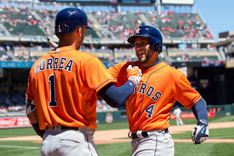 May 31, 2017; Minneapolis, MN, USA; Houston Astros outfielder George Springer (4) celebrates his home run in the seventh inning against the Minnesota Twins at Target Field. Mandatory Credit: Brad Rempel-USA TODAY Sports