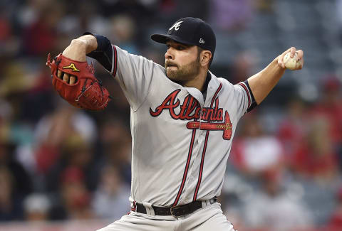 May 31, 2017; Anaheim, CA, USA; Atlanta Braves starting pitcher Jaime Garcia (54) pitches against the Los Angeles Angels during the first inning at Angel Stadium of Anaheim. Mandatory Credit: Kelvin Kuo-USA TODAY Sports