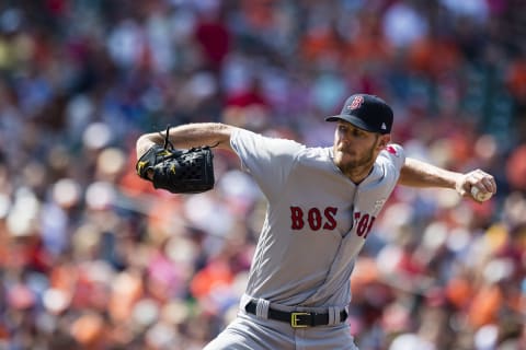 Jun 4, 2017; Baltimore, MD, USA; Boston Red Sox starting pitcher Chris Sale (41) throws a pitch to a Baltimore Orioles batter in the sixth inning during a game at Oriole Park at Camden Yards. Mandatory Credit: Patrick McDermott-USA TODAY Sports