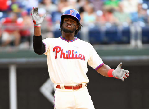 Jun 4, 2017; Philadelphia, PA, USA; Philadelphia Phillies center fielder Odubel Herrera (37) celebrates his RBI double during the seventh inning against the San Francisco Giants at Citizens Bank Park. The Phillies defeated the Giants, 9-7. Mandatory Credit: Eric Hartline-USA TODAY Sports