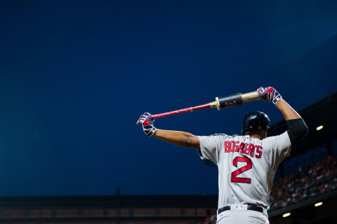 Jun 2, 2017; Baltimore, MD, USA; Boston Red Sox shortstop Xander Bogaerts (2) prepares to hit against the Baltimore Orioles in the sixth inning during a game at Oriole Park at Camden Yards. Mandatory Credit: Patrick McDermott-USA TODAY Sports